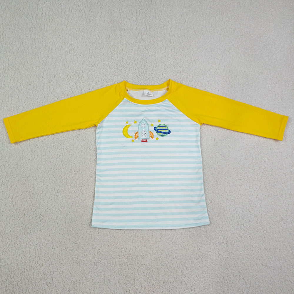 Baby Boys Clothes Embroidery Moon Long Sleeve Blue Stripe T-shirts Tops BT1831