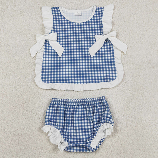 Baby Girls Clothes Blue Checked Bows Tunic Bummies Clothes Sets GBO0528