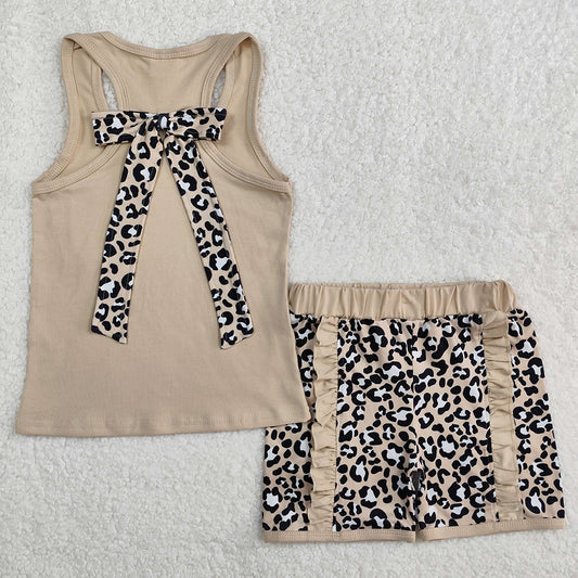 Baby Girls Clothes Khaki Pocket Bow Vest Ruffle Leopard Shorts Sets GSSO1979