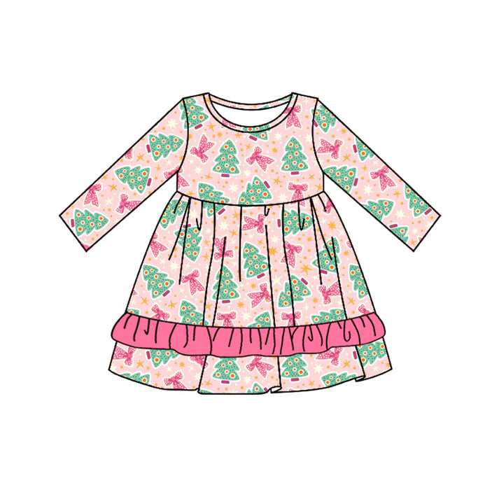 Preorder moq 5 Baby Girls Pink Long Sleeves Trees Bows Ruffle Knee Length Dresses 5.2