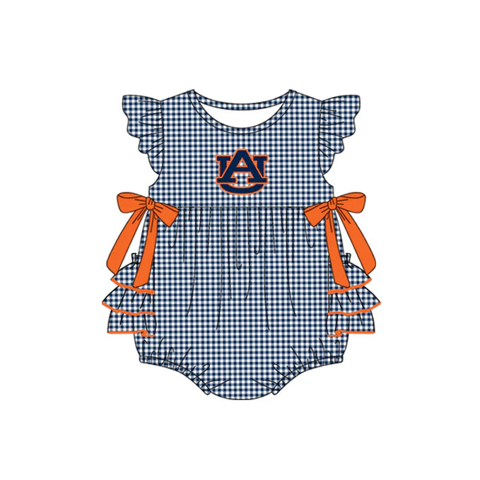 Preorder moq 5 Baby Girls Navy Plaid Flutter Sleeves Bows AU Team Rompers 7.10