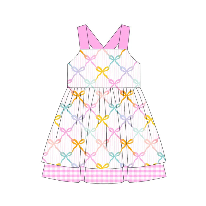 Preorder (moq 5)Baby Girls Pink Strap Colorful Bows Ruffle Knee Length Dress 4.26
