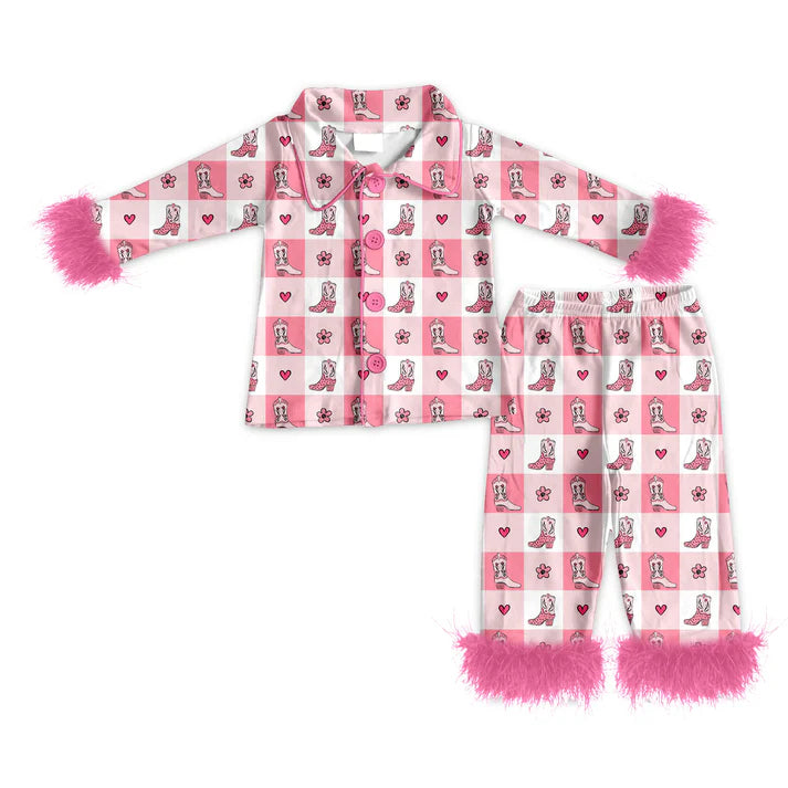 Preorder (moq 5)Baby Girls Boot Hearts Checked Button Top Pants Western Fur Sleeve Pajamas Sets 11.22