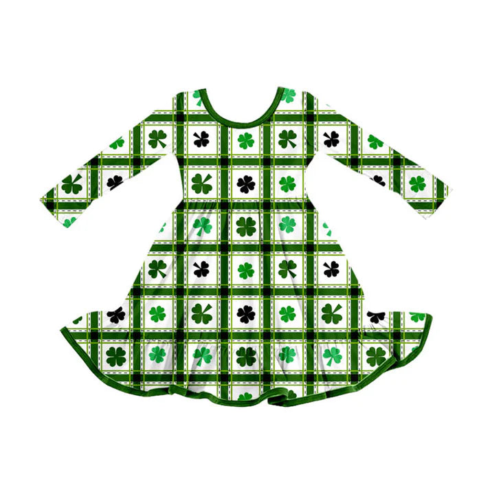 Preorder (moq 8)Baby Girls Clovers Checked St Patrick Ruffle Knee Length Dresses 9.10