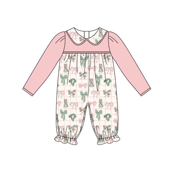 Preorder (moq 5)Baby Girls Peach Long Sleeves Colorful Bows Plaid Ruffle Pant Rompers 6.13