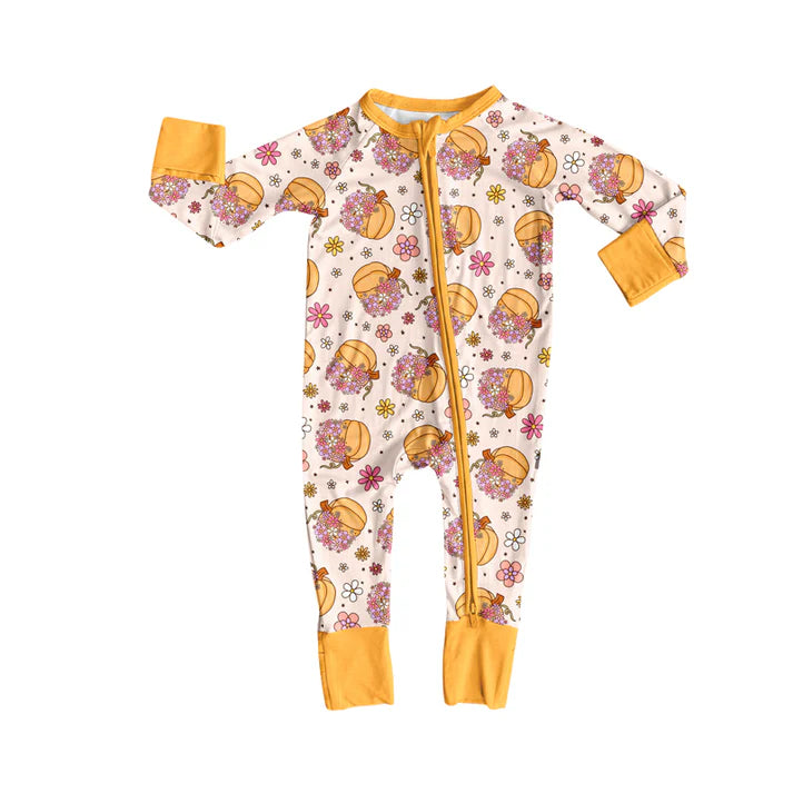 Preorder (moq 5)Baby Girls Yellow Long Sleeves Pumpkins Flowers Zipper Pant Rompers 6.13