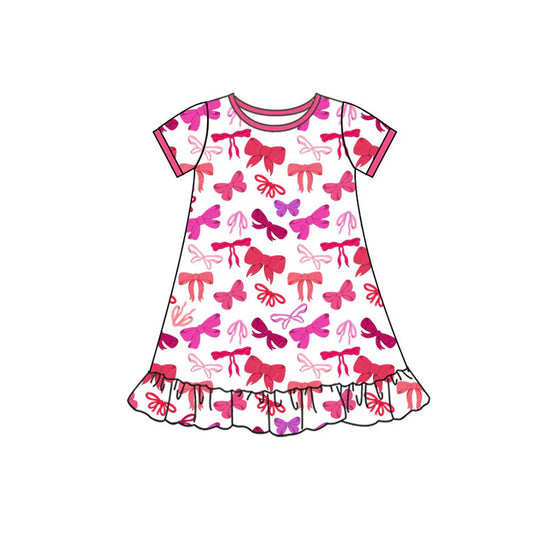 Preorder(moq 5) Baby Girls Short Sleeve Red Pink Bows Plaid Valentine Ruffle Knee Length Dresses 10.4