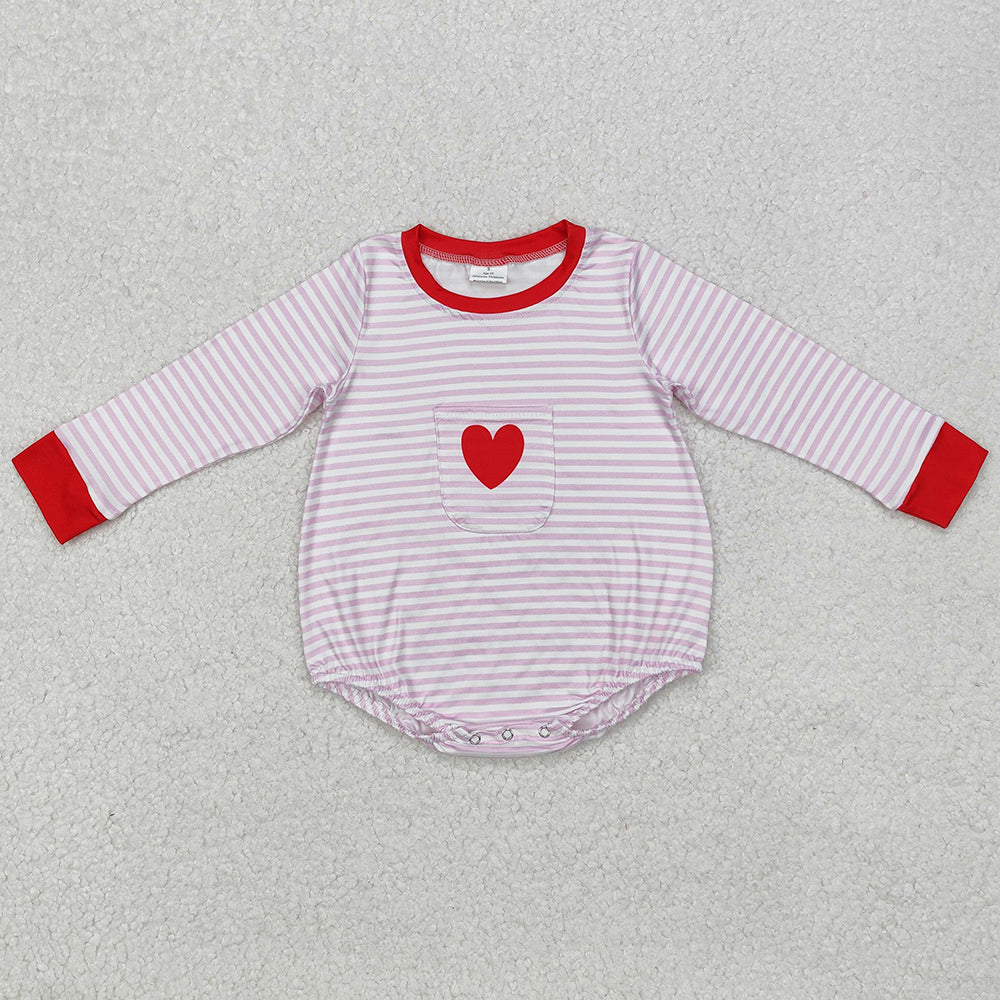 Baby Infant Girls Rompers Pink Stripes Heart Pocket Long Sleeve Rompers LR1855