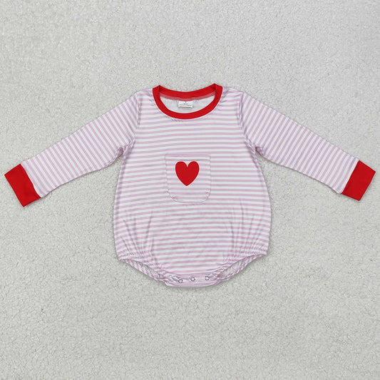 Baby Infant Girls Rompers Pink Stripes Heart Pocket Long Sleeve Rompers LR1855