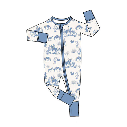 Preorder (moq 5)Baby Boys Blue Long Sleeve Cactus Horse Rodeos Western Two Way Zipper Convertible Rompers 11.12