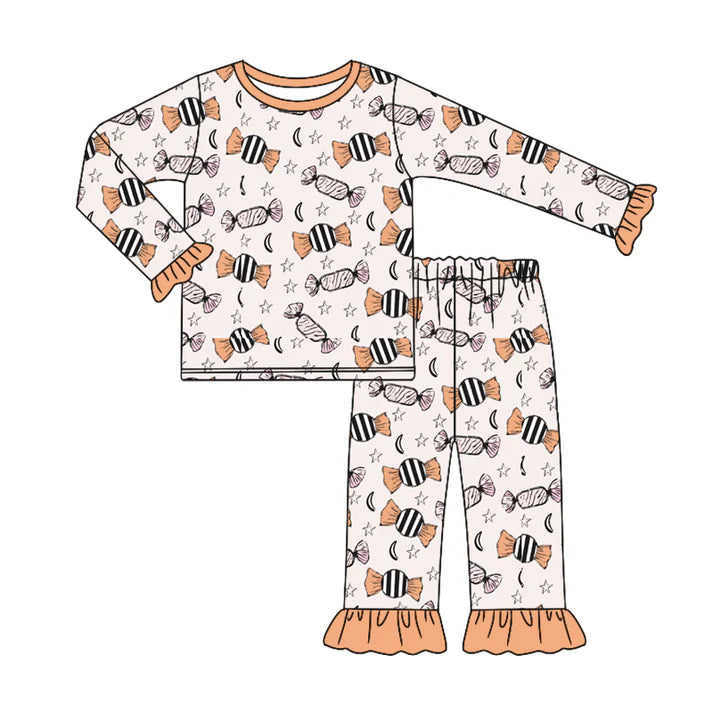 Preorder (moq 5)Baby Girls Yellow Long Ruffle Sleeves Candy Stars Plaid Top Pant Pajamas Sets 6.11