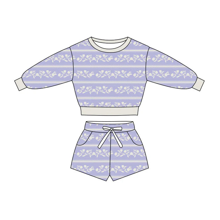 Preorder(moq 5) Baby Girls Lavender Flowers Stripe Long Sleeve Pockets Shorts Clothes Sets 10.27