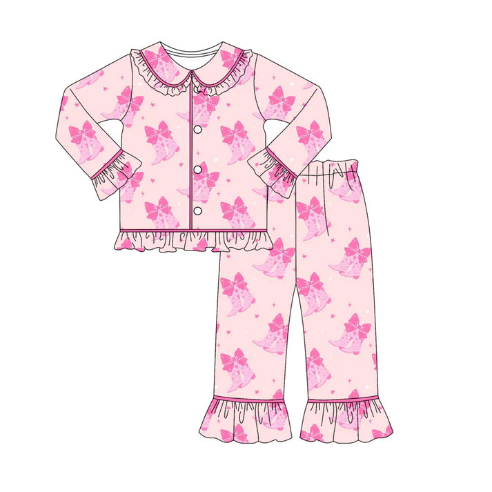 Preorder (moq 8)Baby Girls Pink Bows Boots Button Top Ruffle Pants Pajamas Sets 9.22