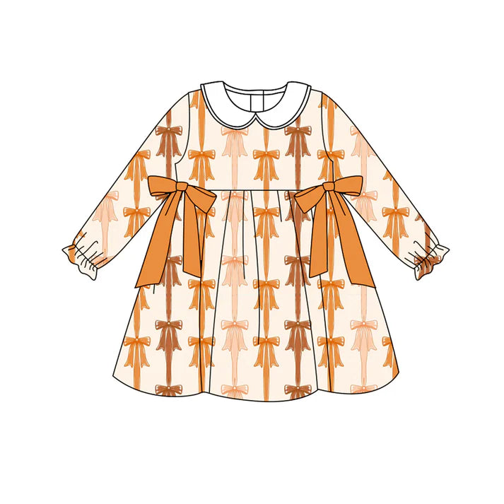 Preorder (moq 5)Baby Girls Long Ruffle Sleeves Yellow Bows Stripes Knee Length Dresses 7.1