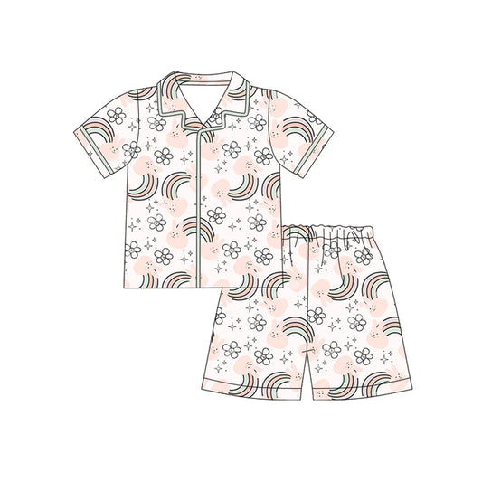 Preorder (moq 5)Baby Girls Rabbits Rainbows Flowers Button Top Shorts Easter Pajamas Sets 12.12