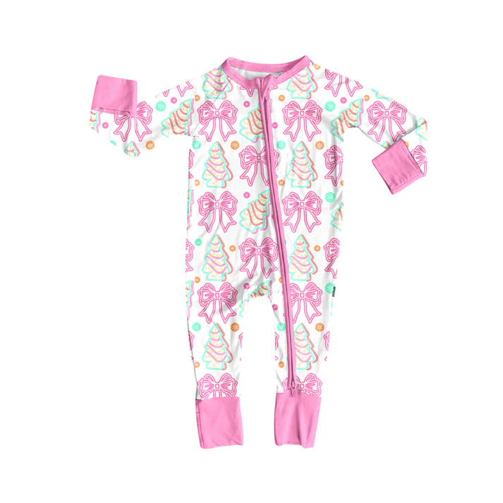 Preorder (moq 5)Baby Girls Long Sleeves Pink Stripe Bows Trees Plaid Zipper Romper 7.3