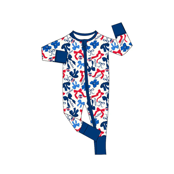 Preorder(moq 5)long sleeves red blue bows baby team zip romper 8.27