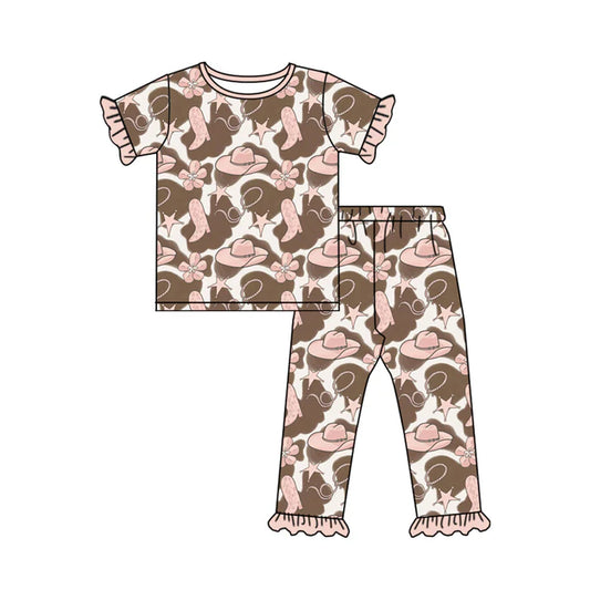 Preorder (moq 5)Baby Girls Pink Boot Hats Flowers Top Ruffle Pants Western Pajamas Sets 12.4