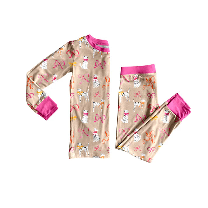 Preorder (moq 5)Baby Girls Long Sleeves Pink Dogs Bows Top Pant Pajamas Set 5.24