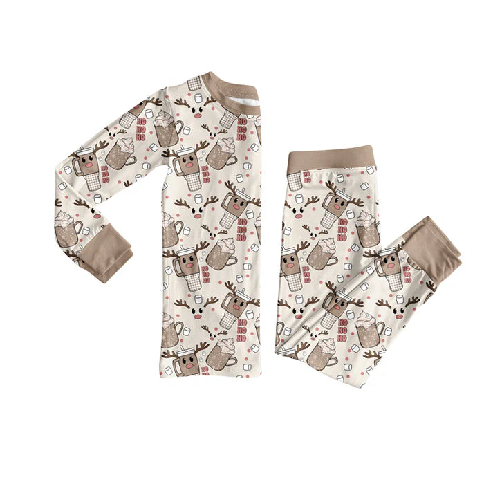 Preorder(moq 5) Baby Girls Long Sleeves Khaki Deer Cups Plaid Top Pants Pajamas Set 7.22