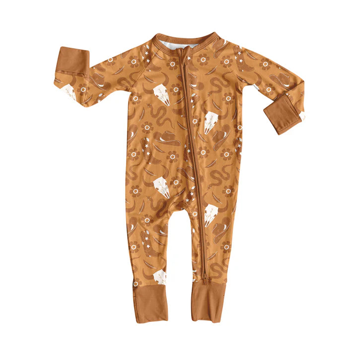 Preorder(moq 5)Baby Boys Western Brown Cows Boots Zipper Footie Rompers 8.9