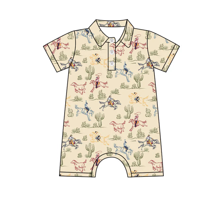 Preorder (moq 5)Baby Boys Khaki Short Sleeves Button Horse Rodeo Cactus Rompers 4.24