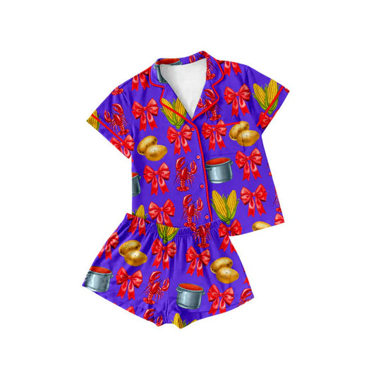 Preorder(moq 5) Baby Girls Bows Crayfishes Button Pockets Top Shorts Mardigras Pajamas Sets 10.15