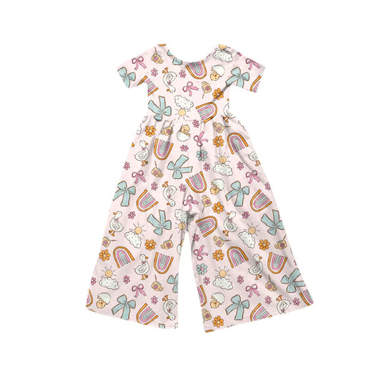 Preorder (moq 5)Baby Girls Short Sleeve Gooses Flowers Rainbows Bows Jumpsuits 12.6