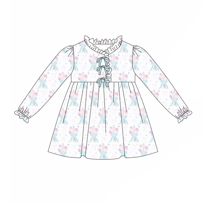 preorder(moq 5) Baby Girls Long Ruffle Sleeves Blue Bows Flowers Plaid Knee Length Dresses 7.25
