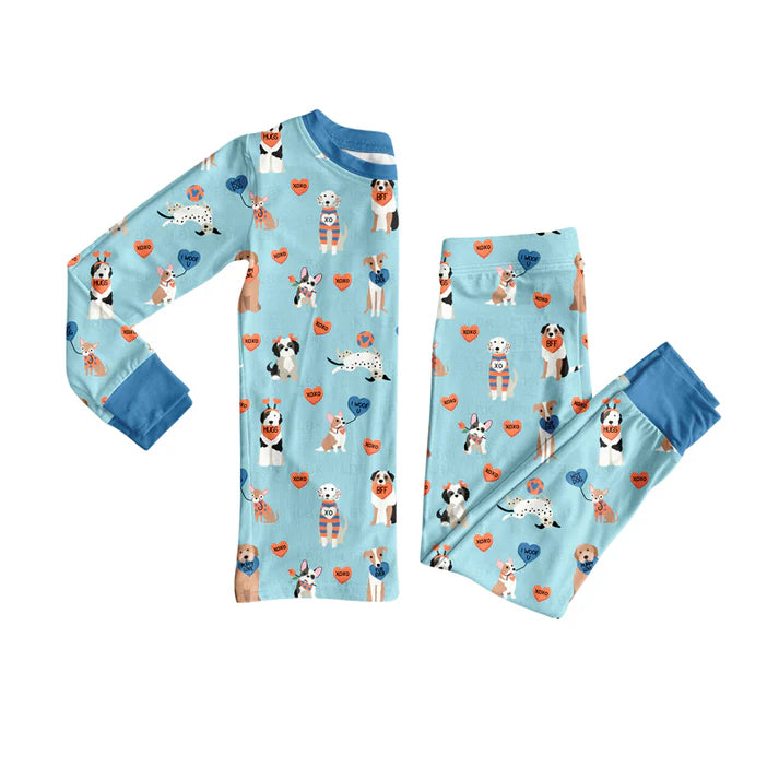Preorder (moq 5)Baby Boys Blue XOXO Hearts Dogs Top Pants Valentines Pajamas Sets 12.8