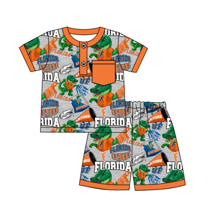 Preorder (moq 5)Baby Boys Short Sleeves Button Pocket Dinosaurs Florida Top Shorts Team Pajamas Set 6.17