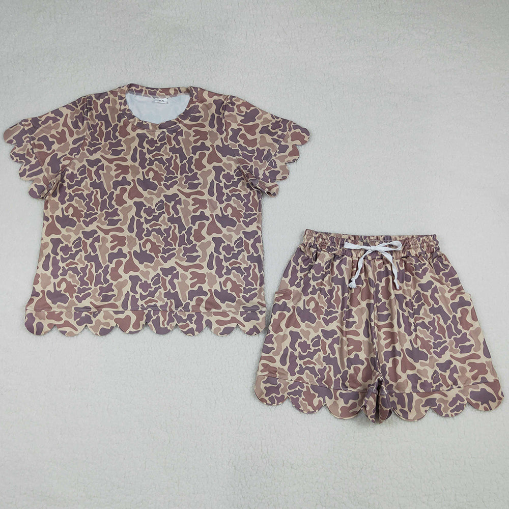 Adult Women Clothes Southern Khaki Camo Top Short Scallop Clothes Sets GSSO3233