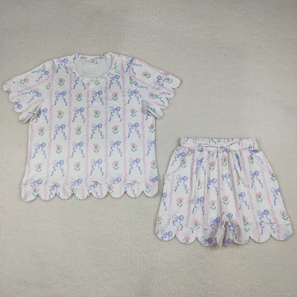 Adult Women Clothes Bows Flowers Stripe Top Short Scallop Clothes Sets GSSO3405