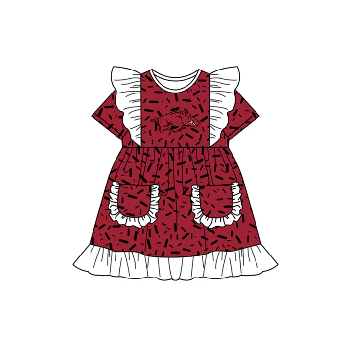 Preorder (moq 5)Baby Girls Flutter Short Sleeve Red Sprinkles Bulls Pockets Team Ruffle Knee Length Dresses 12.13