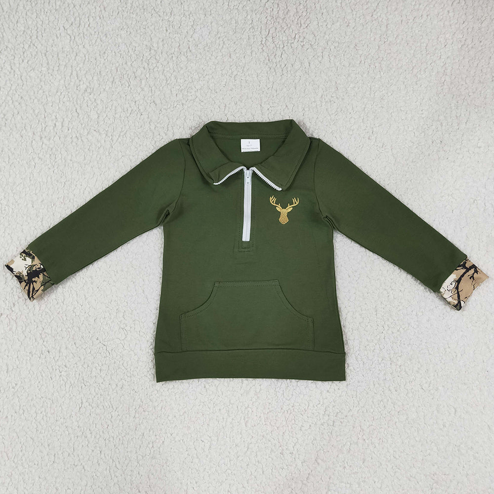 Baby Girls Clothes Embroidery Deer Olive Long Sleeve Zip Pocket Hunting Pullovers Top GT1694