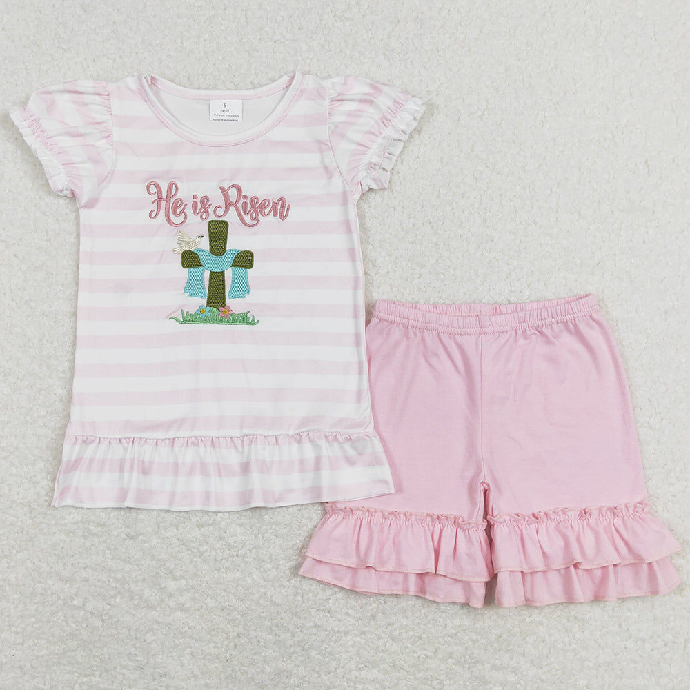Baby Girls Clothes Easter He Is Risen Shirt Tee Pink Shorts Sets GSSO0382