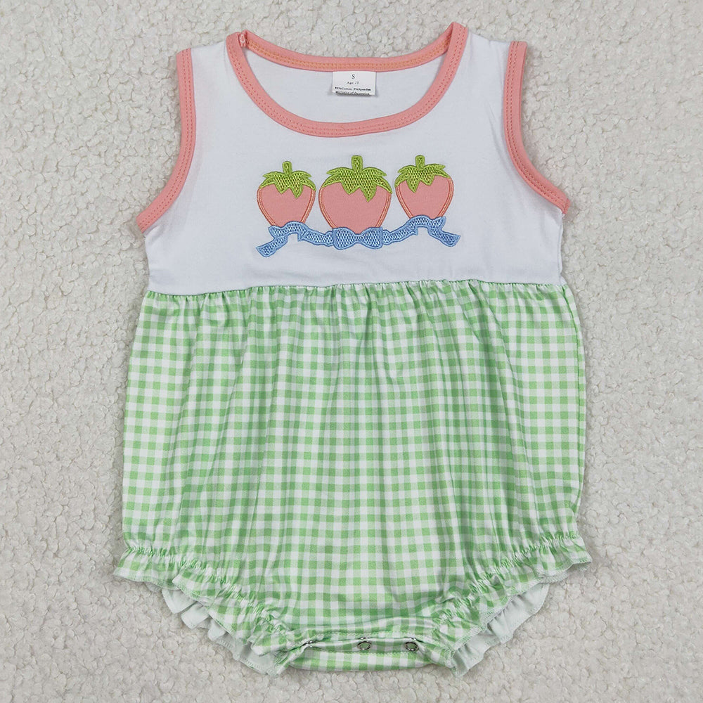 Baby Girls Rompers Embroidery Bows Strawberry Green Checked Ruffle Rompers SR3725 1.1