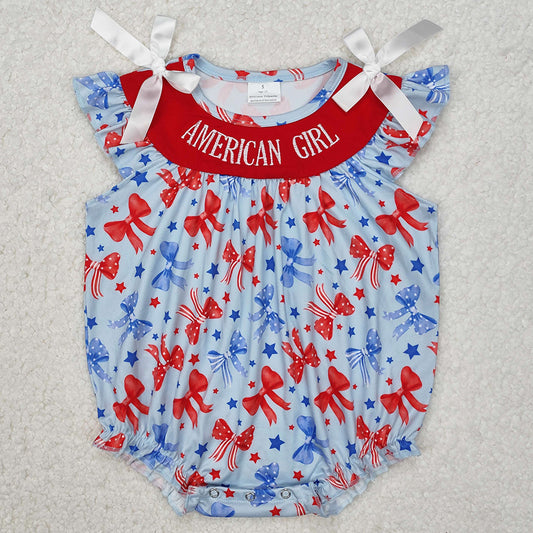 Baby Infant Girls Rompers4th Of July American Girl Embroidery Bows Rompers SR2589 3.10