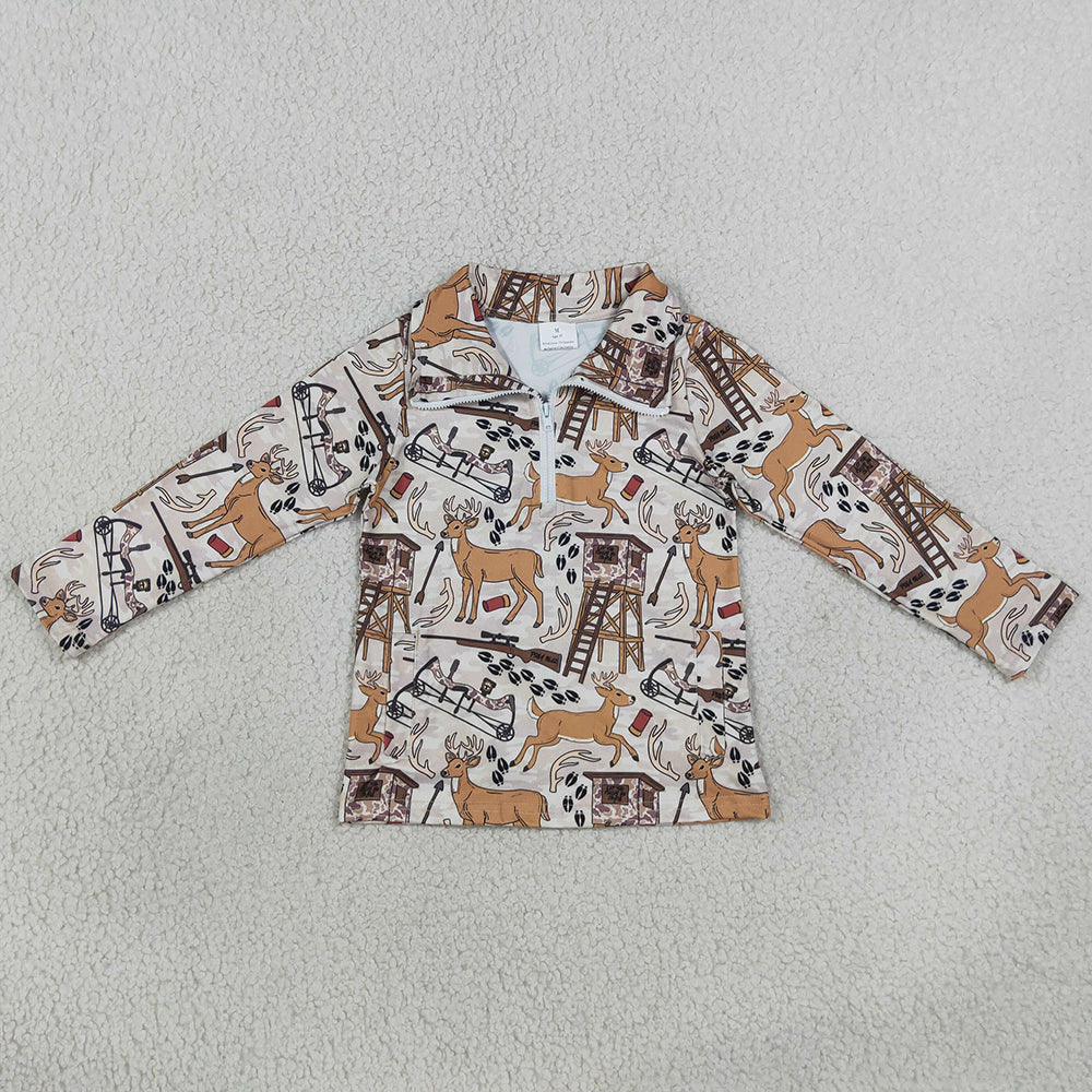 Baby Boys Clothes Khaki Long Sleeve Deer Hunting Pockets Zip Pullovers Top BT1397
