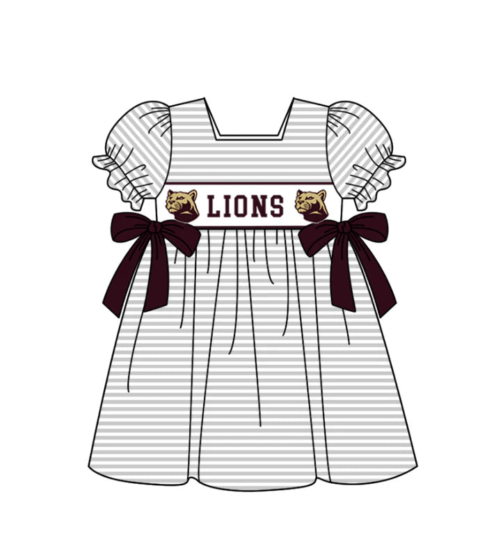 Preorder (moq 5)Baby Girls Lions Bows Stripe Team Knee Length Dresses 12.5