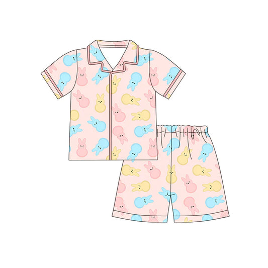 Preorder (moq 5)Baby Girls Colorful Rabbits Button Top Shorts Easter Pajamas Sets 12.12