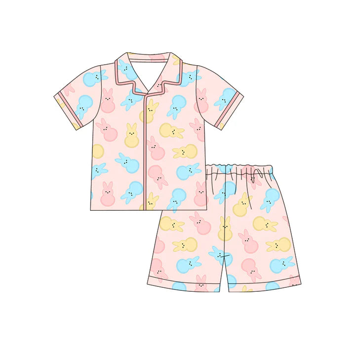 Preorder (moq 5)Baby Girls Colorful Rabbits Button Top Shorts Easter Pajamas Sets 12.12