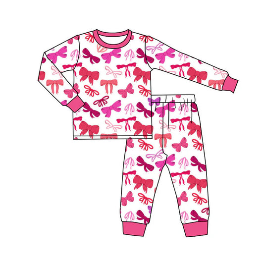 Preorder(moq 5) Baby Girls Red Pink Bows Plaid Top Pants Valentine Pajamas Sets 10.4