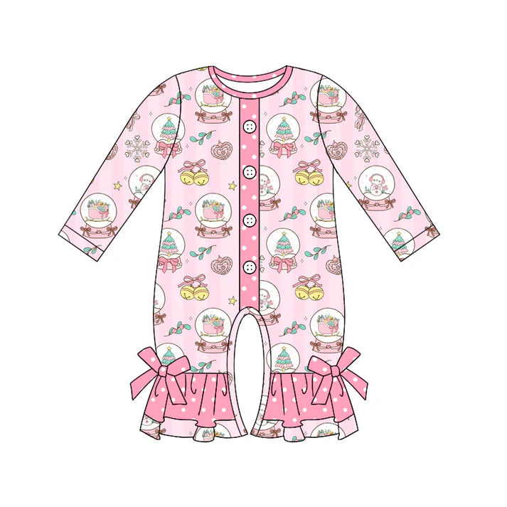 Preorder (moq 5)Baby Girls Pink Long Sleeves Trees Snowmen Button Ruffle Rompers 5.17