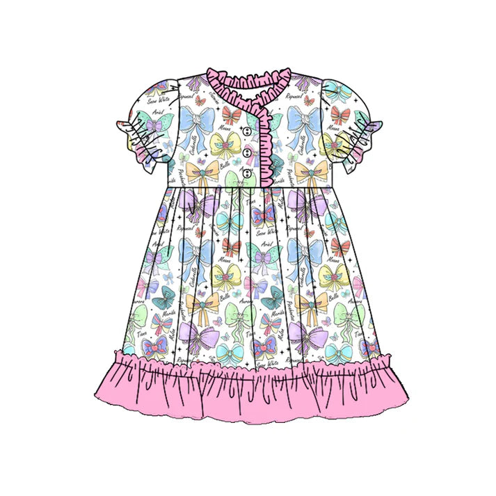 Preorder (moq 5)Baby Girls Pink Short Ruffle Sleeves Colorful Bows Button Knee Length Dresses 5.15