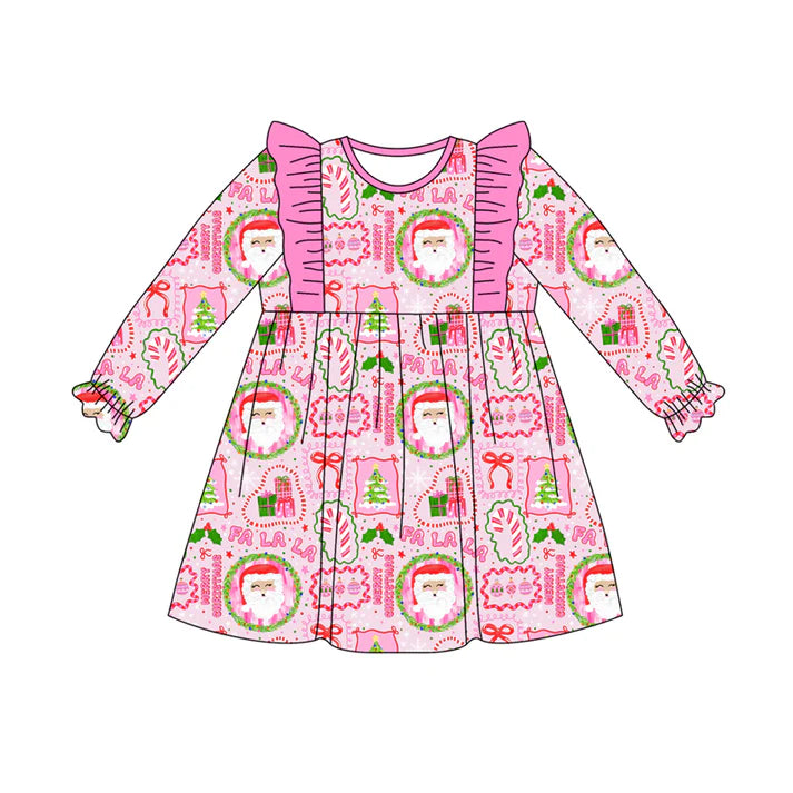 Preorder (moq 5)Baby Girls Long Ruffle Sleeves Pink Santa Bows Plaid Knee Length Dresses 7.28