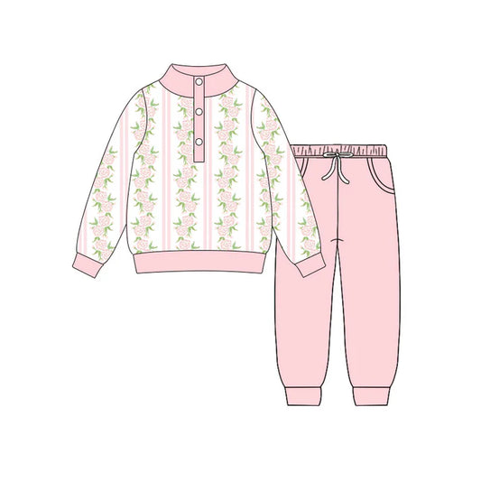 Preorder(moq 5) Baby Girls Pink Flowers Stripe Button Top Pockets Jogger Clothes Sets 10.31