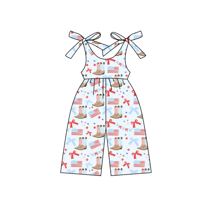 Preorder moq 5 Baby Girls Blue Strap Flags Boots Bows Bell Bottom 4th Of July Jumpsuits 4.23
