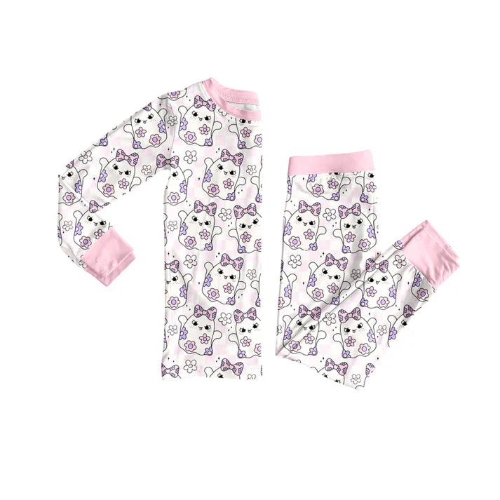 Preorder (moq 5)Baby Girls Long Sleeves Pink Bows Ghosts Top Pant Pajamas Set 6.17