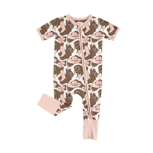 Preorder (moq 5)Baby Girls Pink Boot Hats Flowers Western Two Way Zip Convertible Rompers 12.4